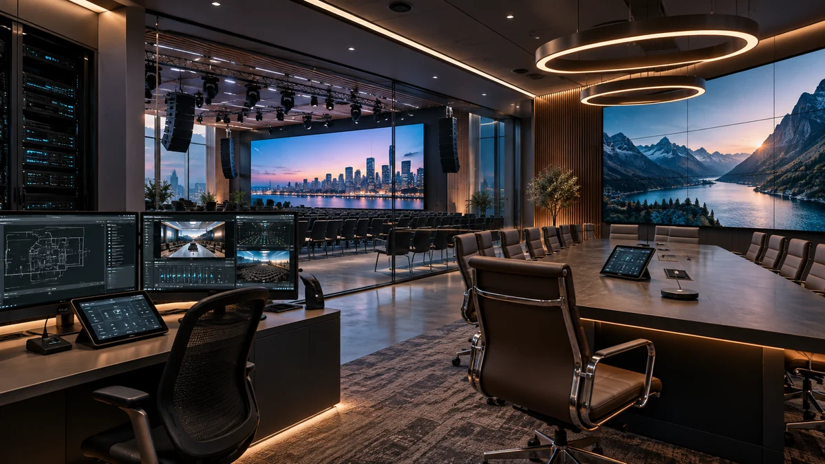 Integrated audio visual control room, meeting room and professional display environment
